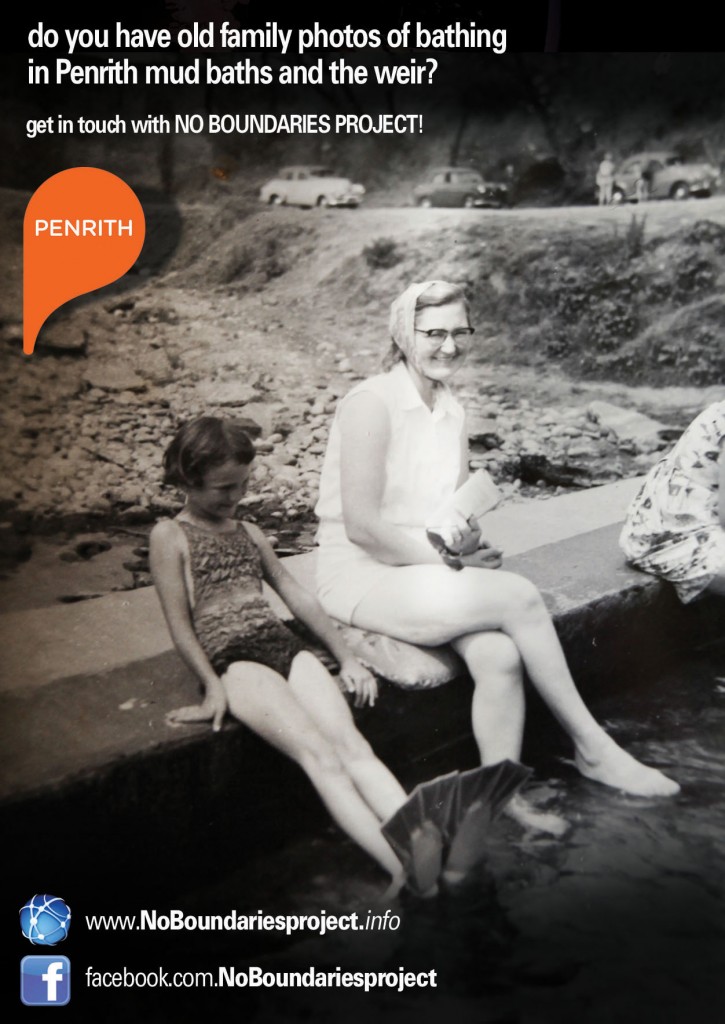 Postcard image of bathing at historic penrith weir